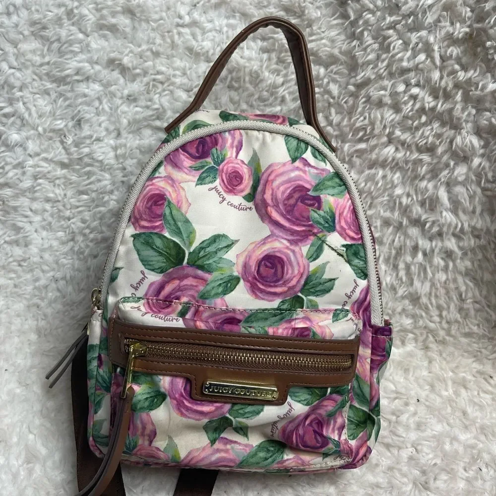 Juicy Couture Nylon mauve roses and green leaf prints mini backpack brown trims.